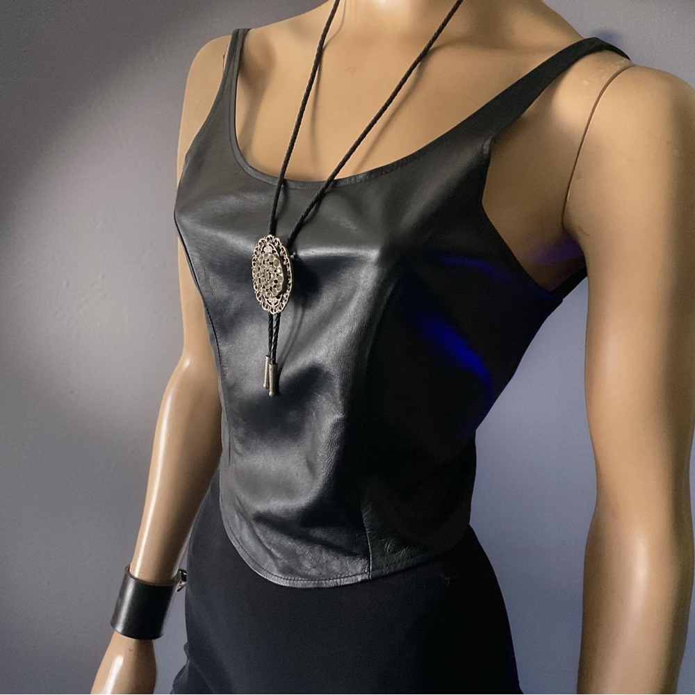 TOPSHOP BLACK 100% LEATHER BACKLESS TANK TOP.  SIZE S